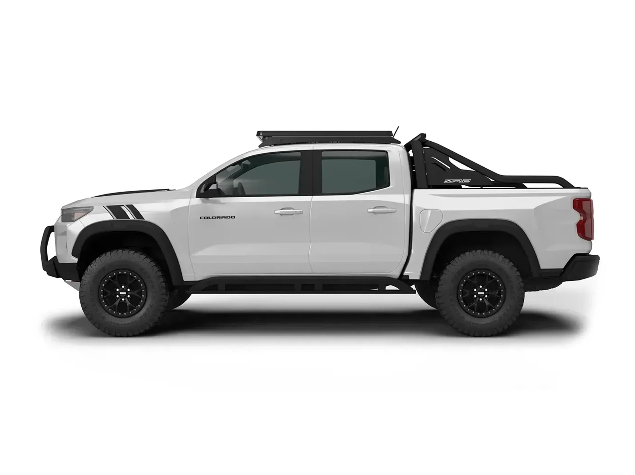 SIDE VIEW PROFILE OF WHITE CHEVY COLORADO WITH ACS ROOF RACK INSTALLED 
