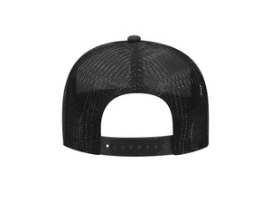REAR VIEW OF BLACK AND WHITE TRUCKER FOAM HAT WITH LEITNER USA LOGO