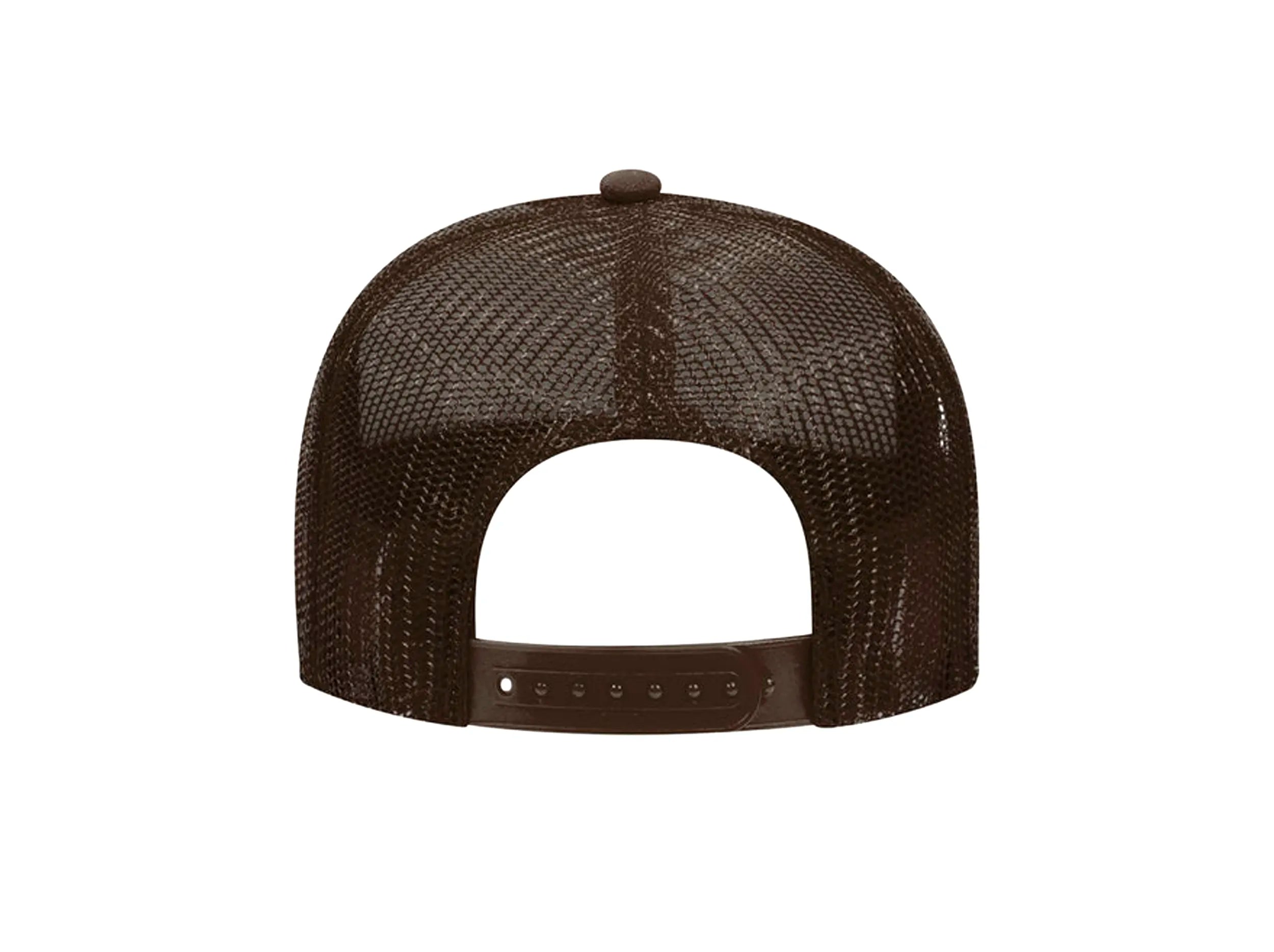 REAR VIEW BROAN AND TAN FOAM TRUCKER HAT WITH BROWN LEITNER LOGO