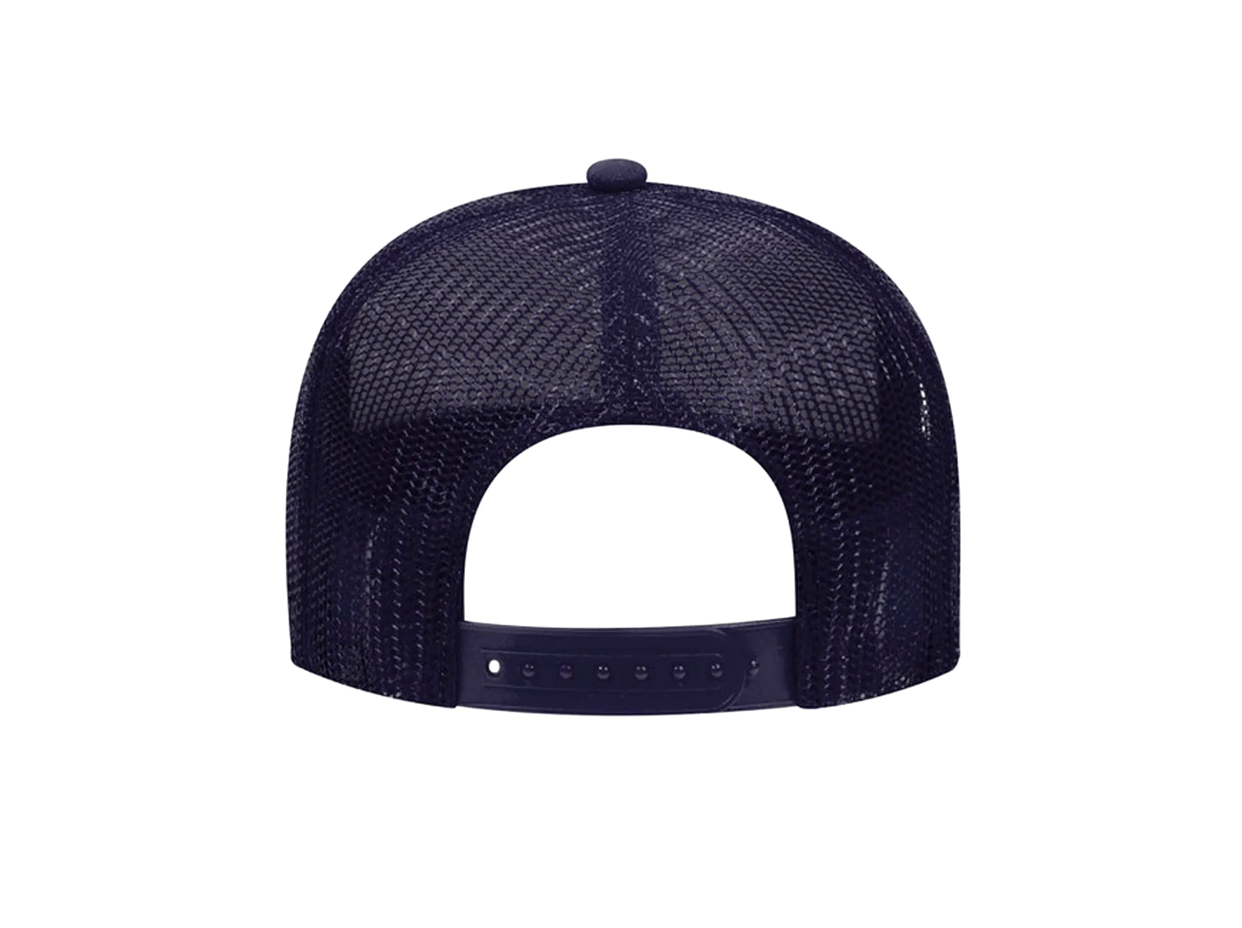 REAR VIEW NAVY BLUE FOAM TRUCKER HAT WITH LIGHT BLUE LEITNER LOGO