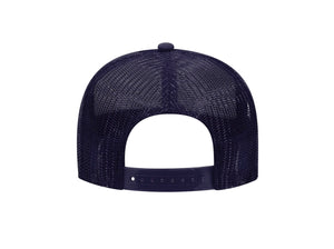 REAR VIEW NAVY BLUE FOAM TRUCKER HAT WITH LIGHT BLUE LEITNER LOGO