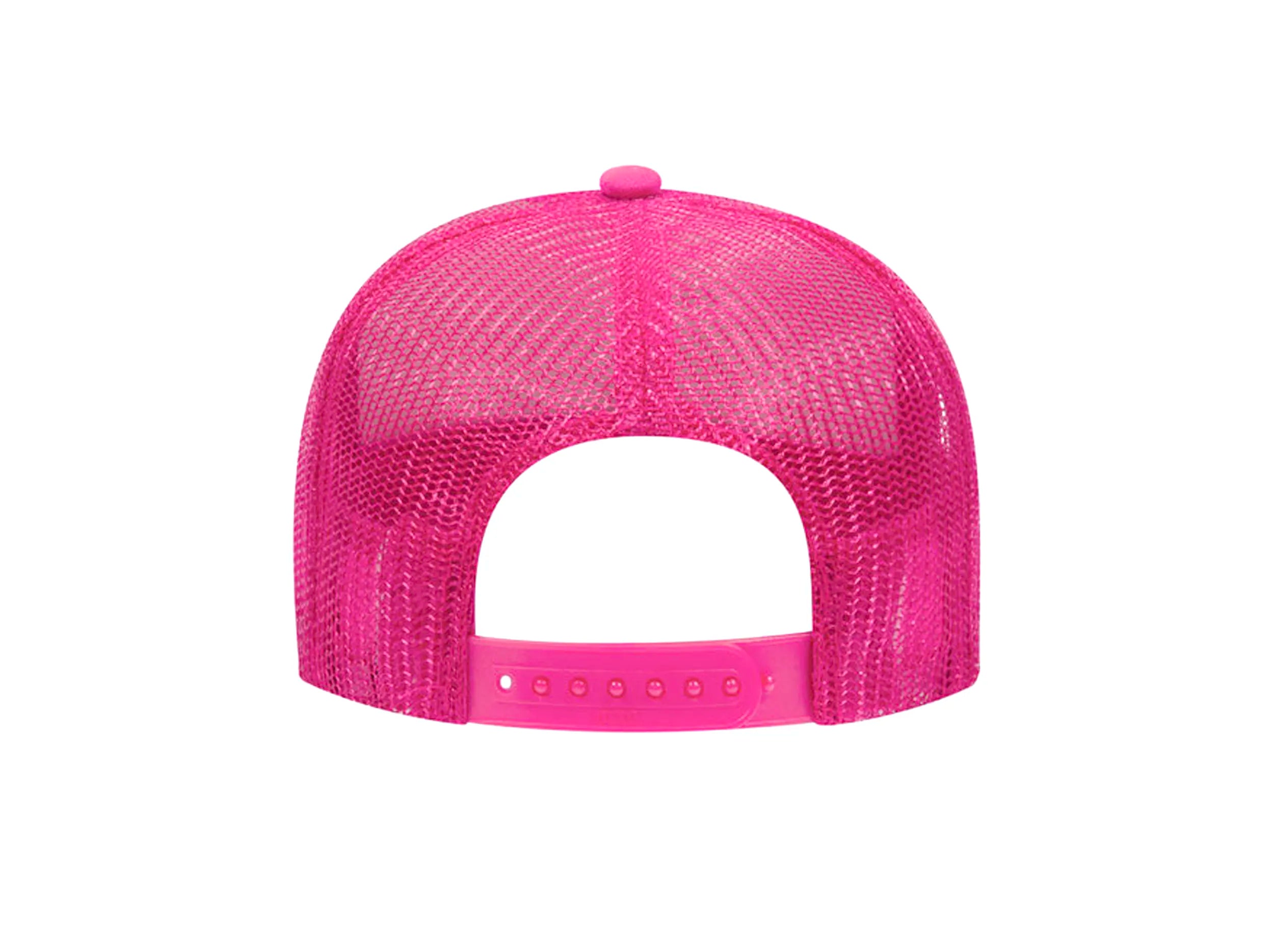 REAR VIEW PINK AND WHITE FOAM TRUCKER HAT WITH PINK LEITNER LOGO