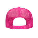 REAR VIEW PINK AND WHITE FOAM TRUCKER HAT WITH PINK LEITNER LOGO