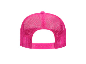 REAR VIEW PINK AND WHITE FOAM TRUCKER HAT WITH PINK LEITNER LOGO