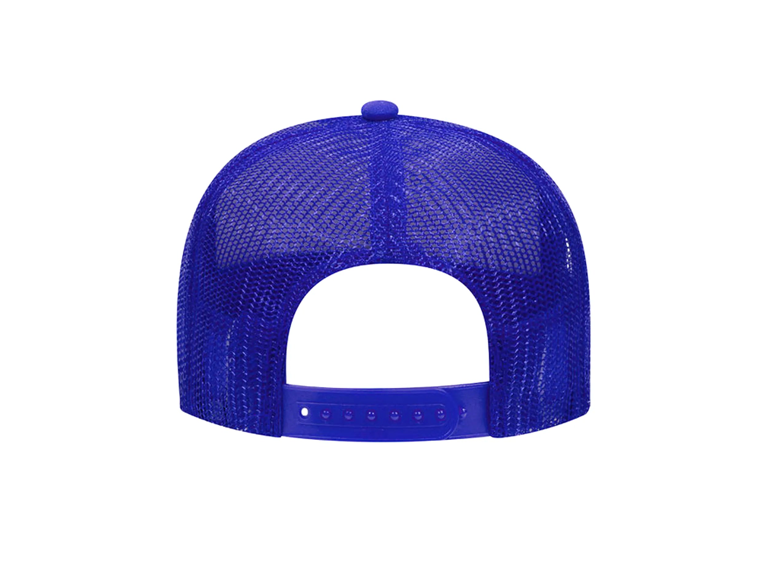 REAR VIEW ROYAL BLUE AND WHITE FOAM TRUCKER HAT WITH ROYAL BLUE LEITNER LOGO