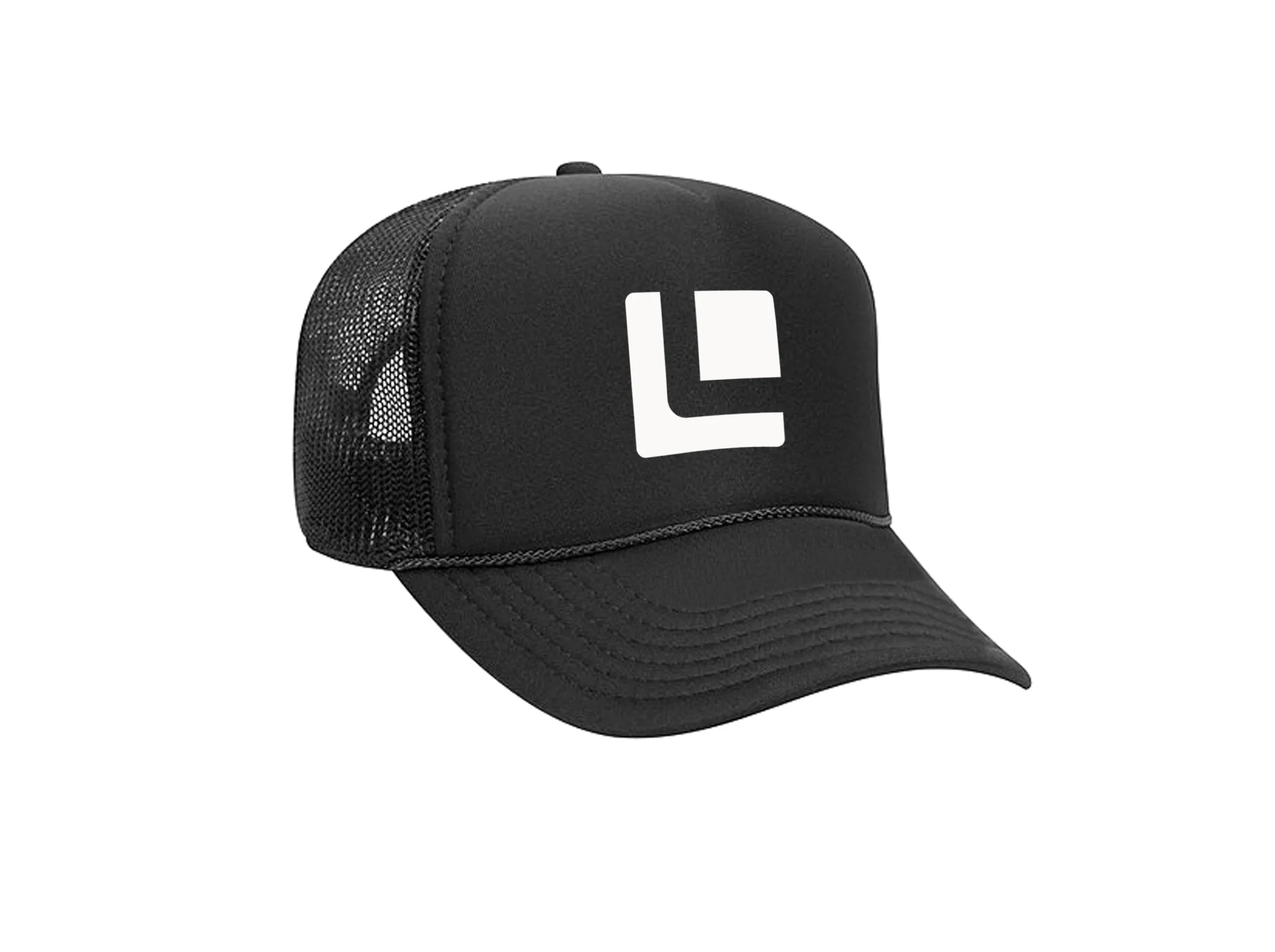 FRONT VIEW BLACK FOAM TRUCKER HAT WITH WHITE LEITNER LOGO