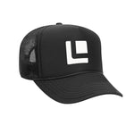 FRONT VIEW BLACK FOAM TRUCKER HAT WITH WHITE LEITNER LOGO