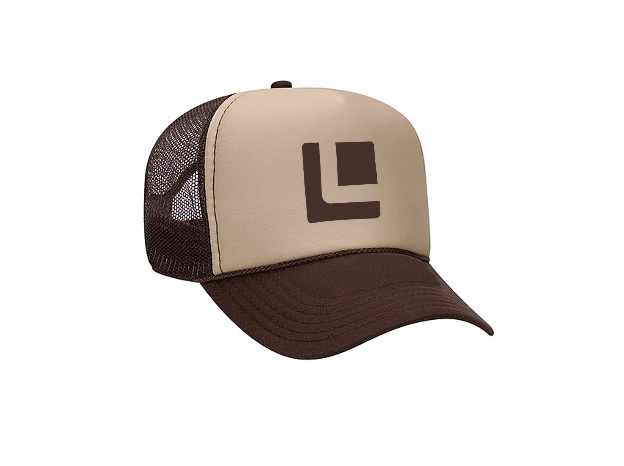 FRONT VIEW BROWN AND TAN FOAM TRUCKER HAT WITH BROWN LEITNER LOGO