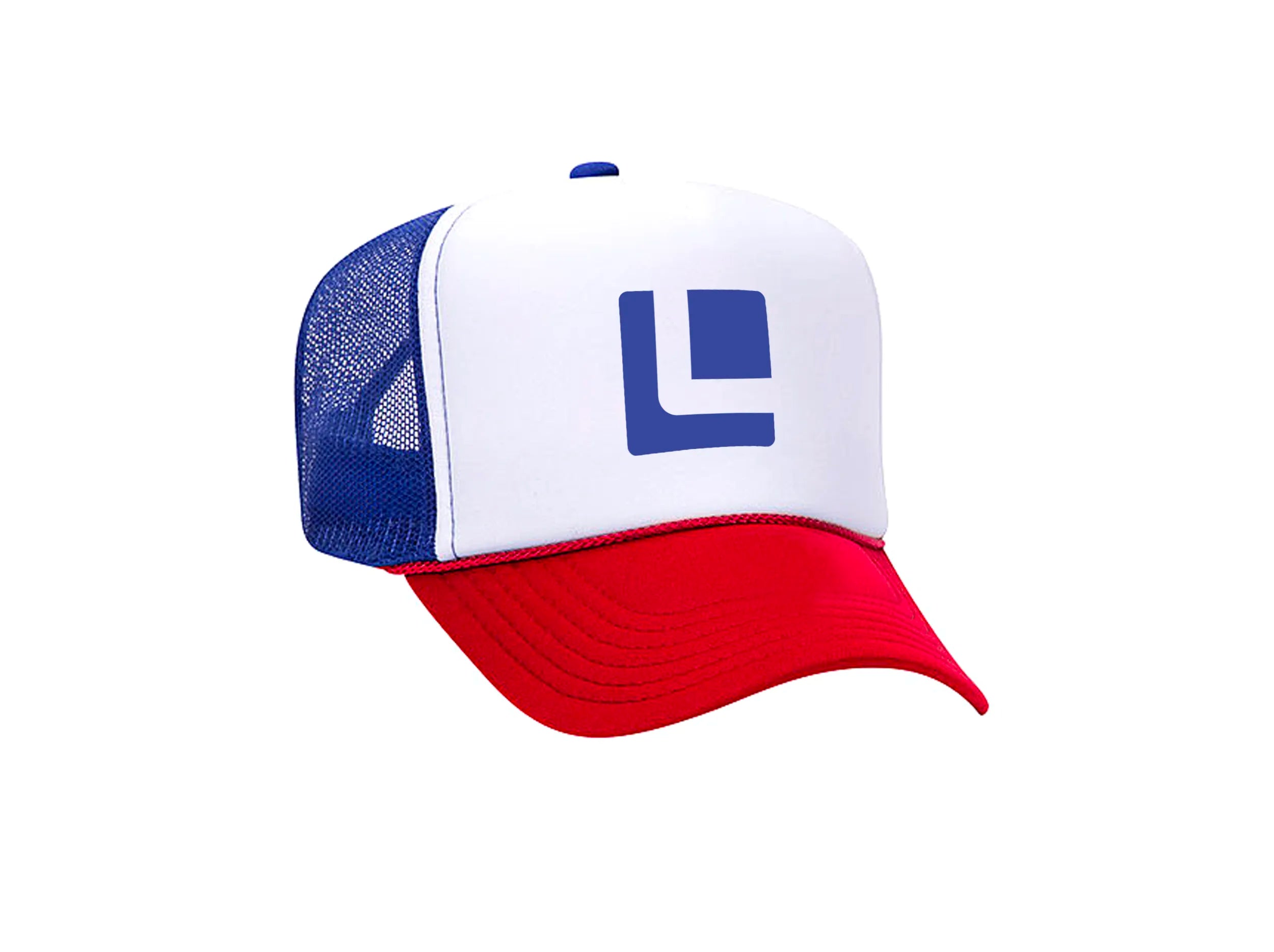 FRONT VIEW RED WHITE AND BLUE FOAM TRUCKER HAT WITH BLUE LEITNER LOGO