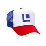 FRONT VIEW RED WHITE AND BLUE FOAM TRUCKER HAT WITH BLUE LEITNER LOGO