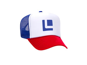 FRONT VIEW RED WHITE AND BLUE FOAM TRUCKER HAT WITH BLUE LEITNER LOGO