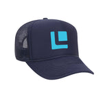 FRONT VIEW NAVY BLUE FOAM TRUCKER HAT WITH LIGHT BLUE LEITNER LOGO