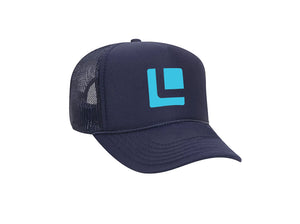 FRONT VIEW NAVY BLUE FOAM TRUCKER HAT WITH LIGHT BLUE LEITNER LOGO