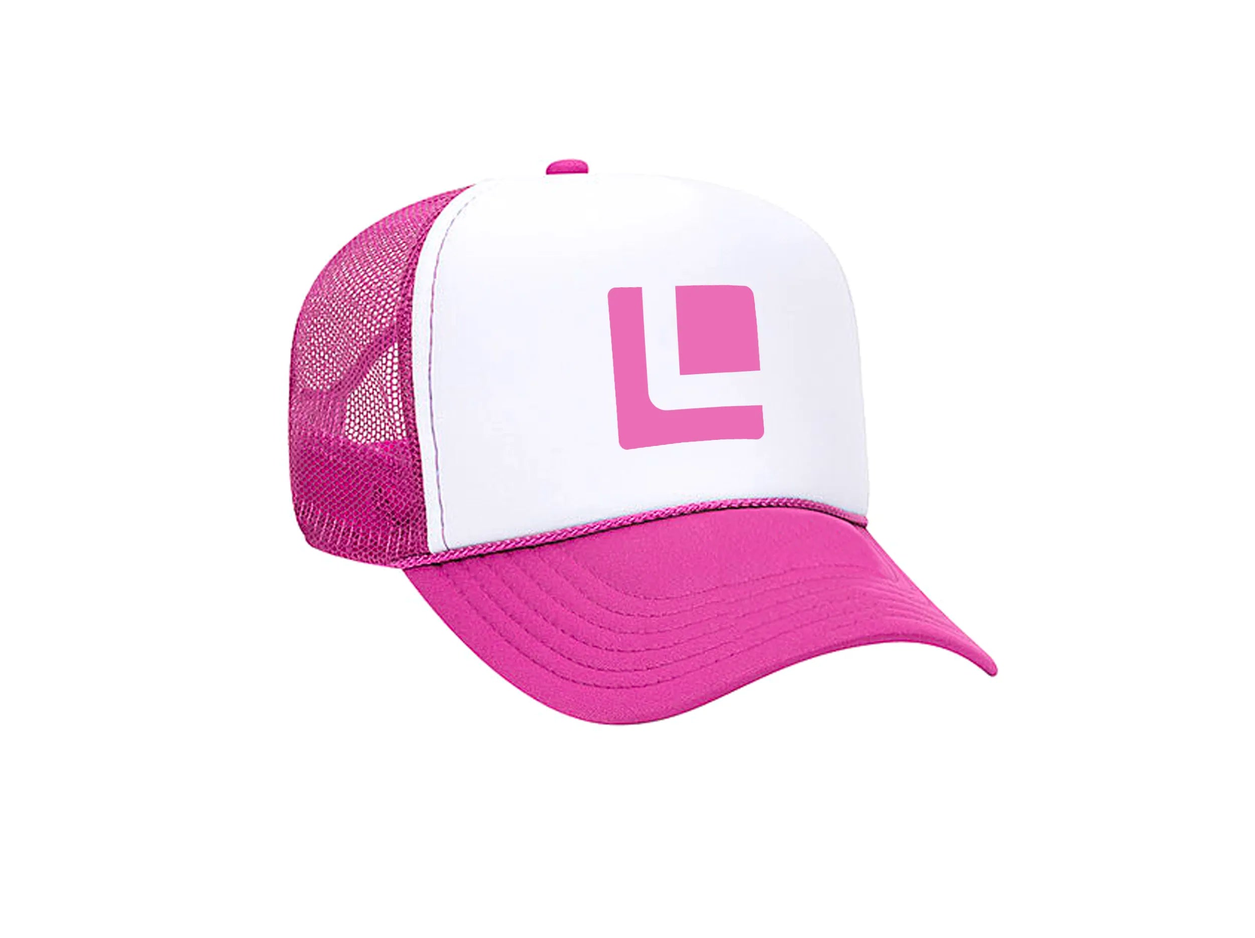 FRONT VIEW PINK AND WHITE FOAM TRUCKER HAT WITH PINK LEITNER LOGO