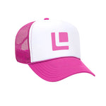 FRONT VIEW PINK AND WHITE FOAM TRUCKER HAT WITH PINK LEITNER LOGO