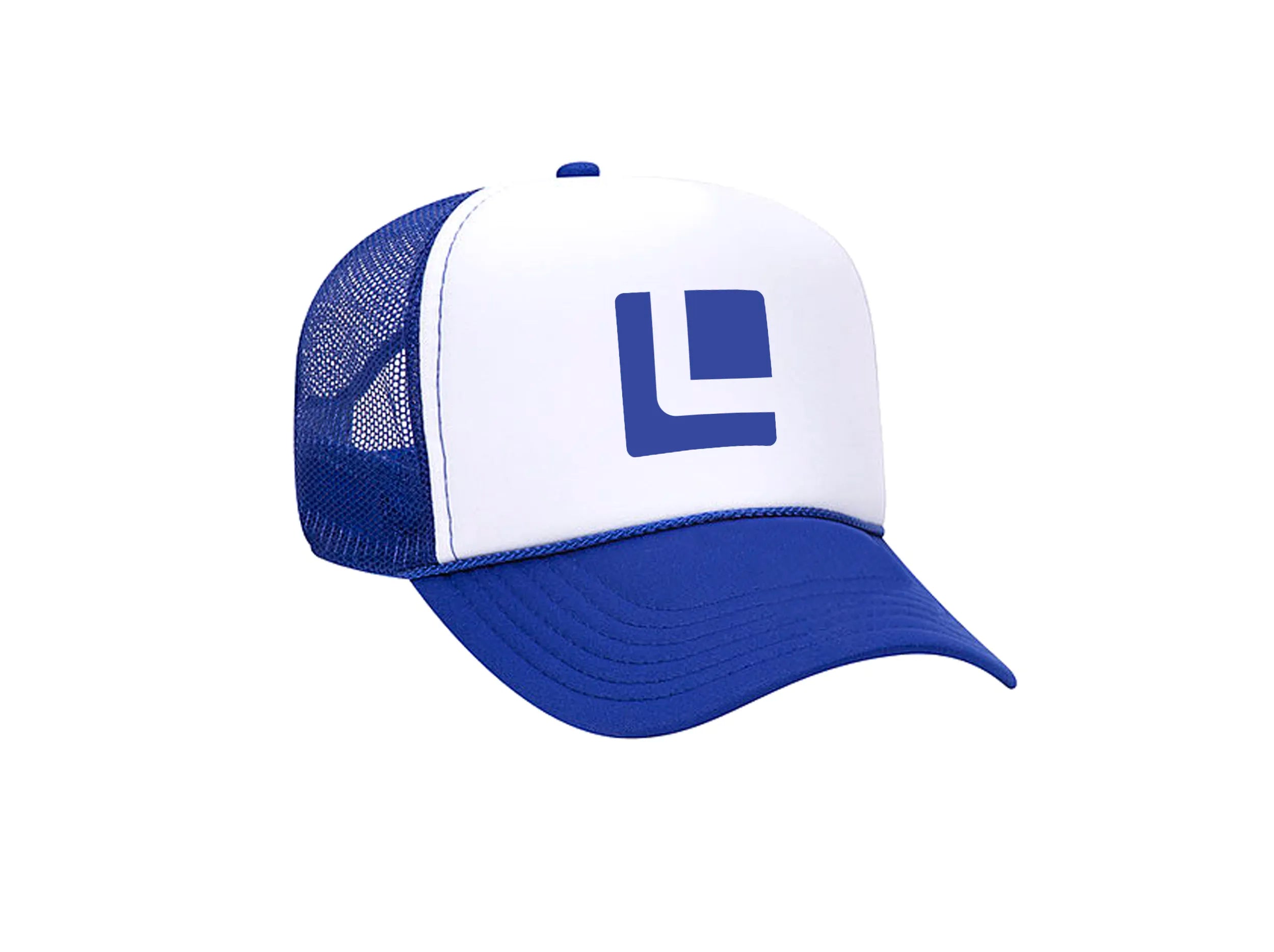 FRONT VIEW ROYAL BLUE AND WHITE FOAM TRUCKER HAT WITH ROYAL BLUE LEITNER LOGO