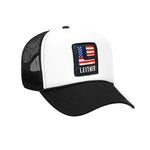  FRONT VIEW BLACK AND WHITE FOAM TRUCKER HAT WITH USA LEITNER LOGO