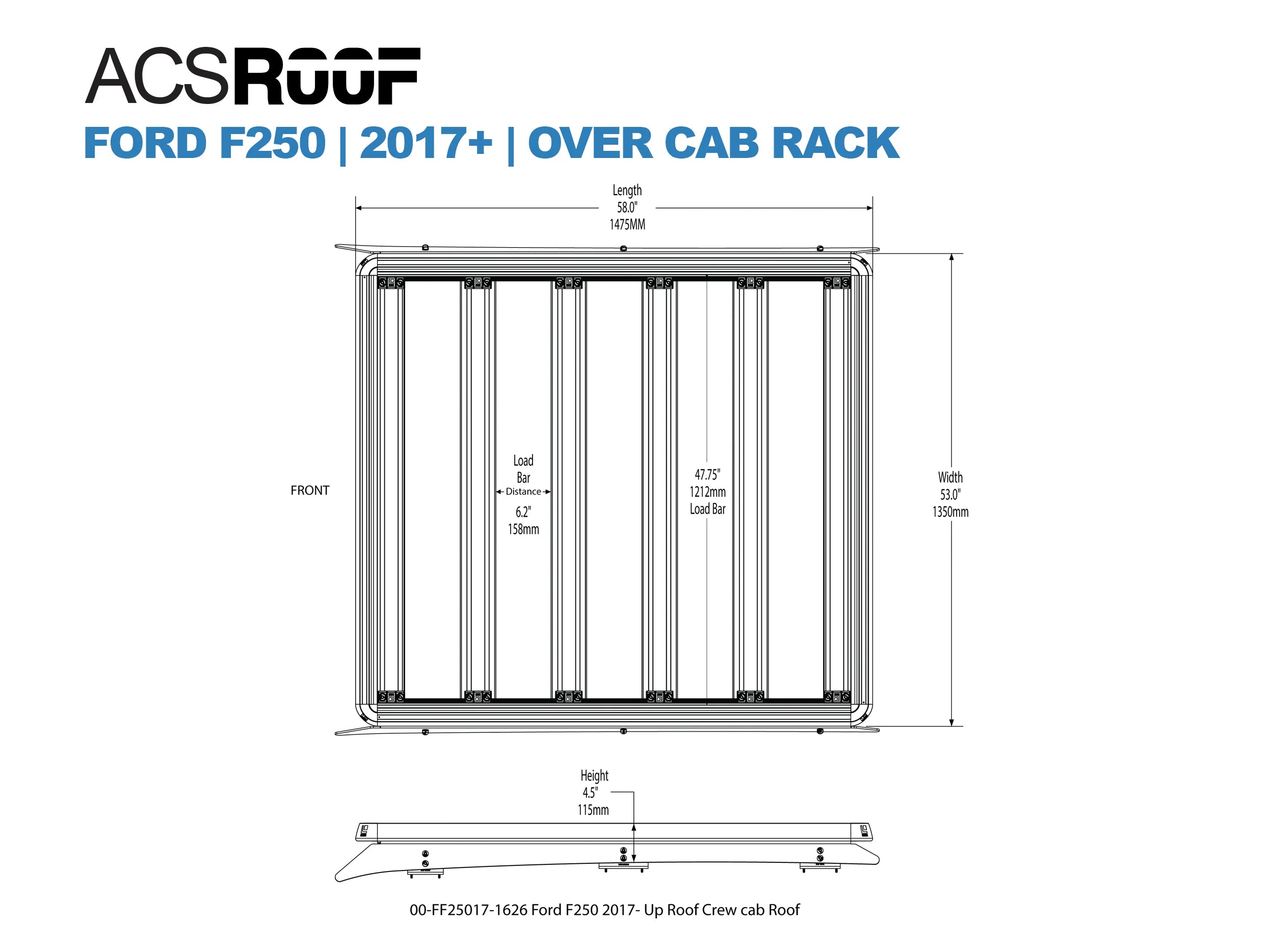 DIAGRAM OF ACS ROOF RACK F250 OVER CAB RACK WITH MEASUREMENTS