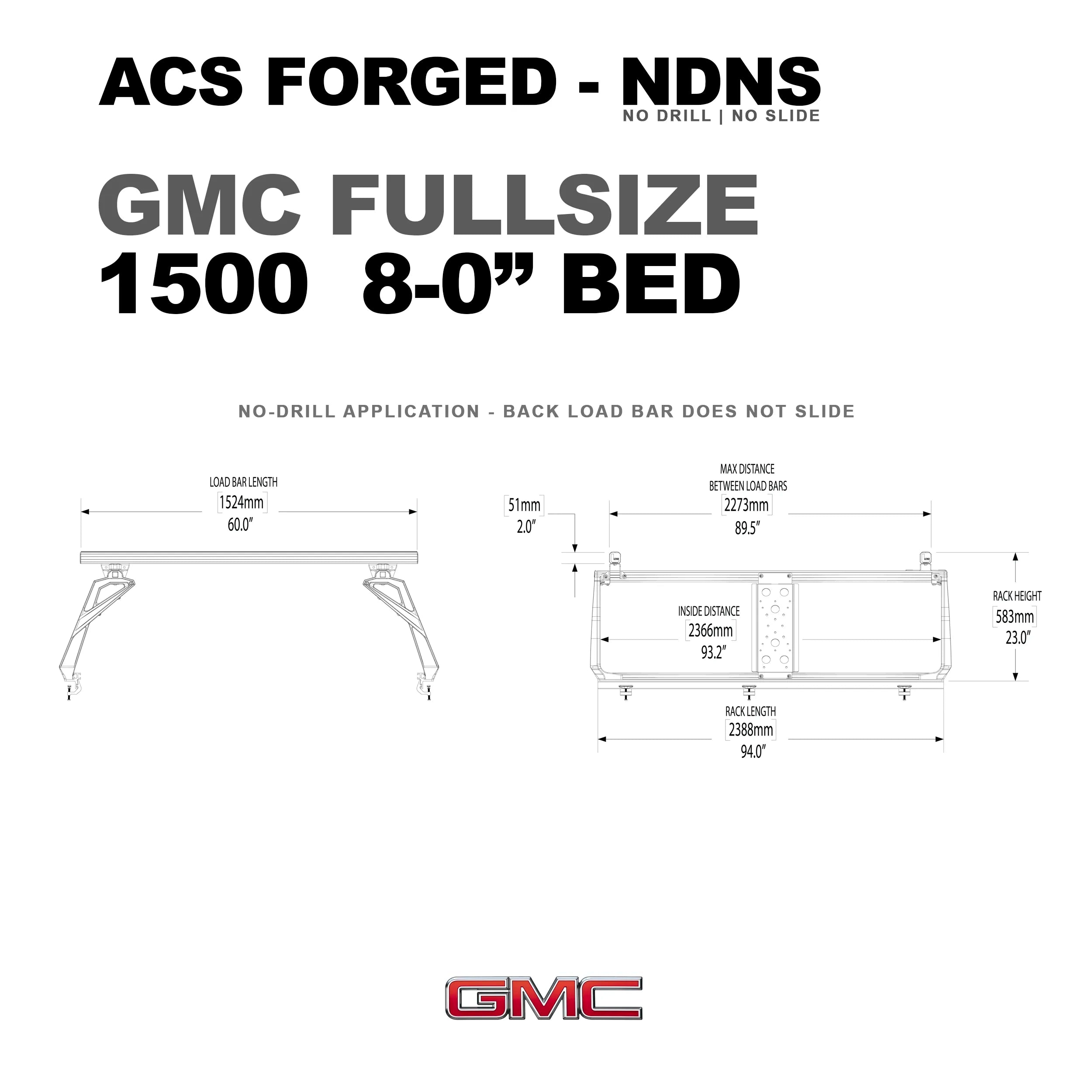 DIAGRAM OF ACS FORGED NO DRILL NO SLIDE BED RACK FOR GMC FULLSIZE 1500 8-0' AND MEASUREMENTS