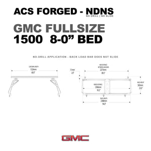 DIAGRAM OF ACS FORGED NO DRILL NO SLIDE BED RACK FOR GMC FULLSIZE 1500 8-0' AND MEASUREMENTS