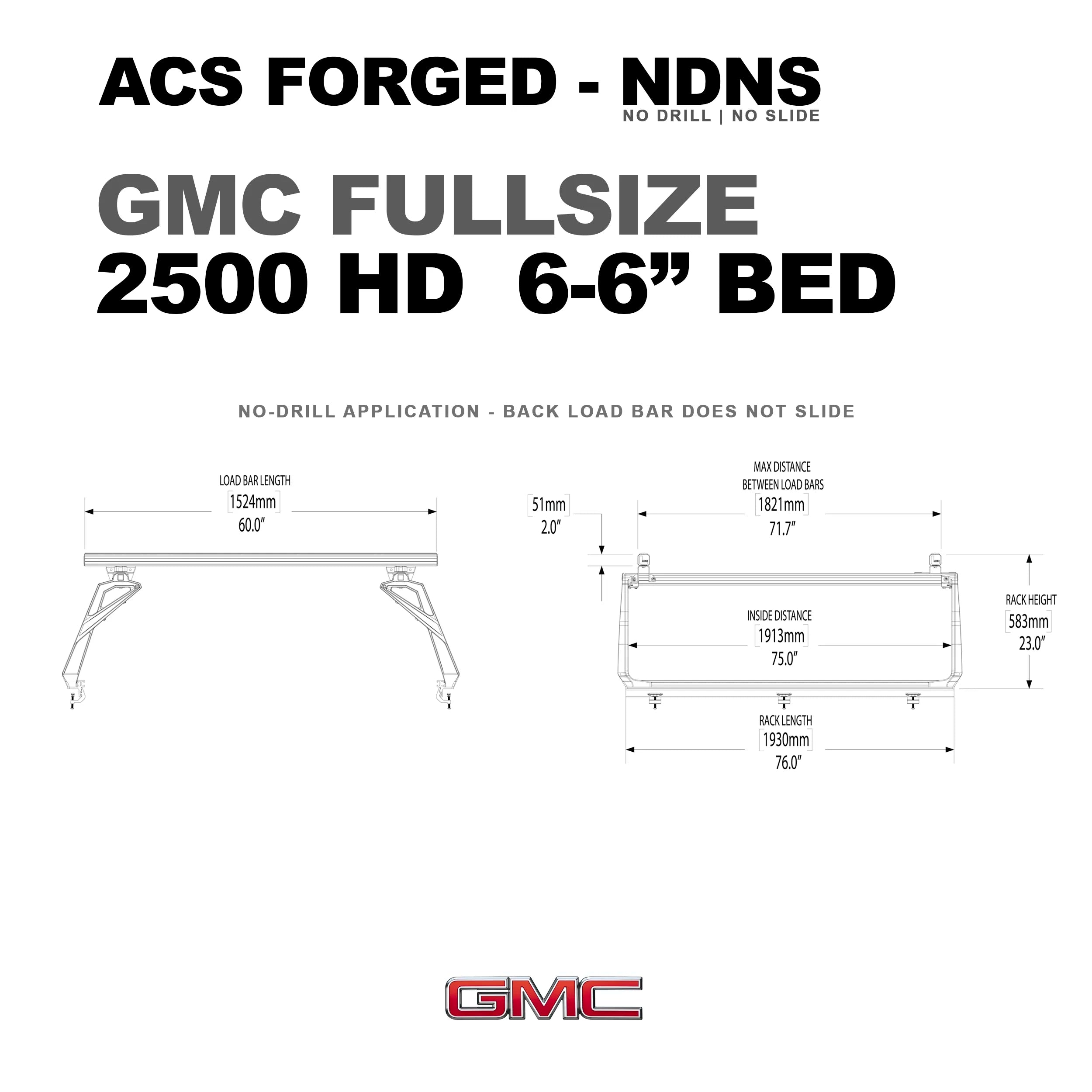 DIAGRAM OF ACS FORGED NO DRILL NO SLIDE BED RACK FOR GMC FULLSIZE 2500 6-6' AND MEASUREMENTS