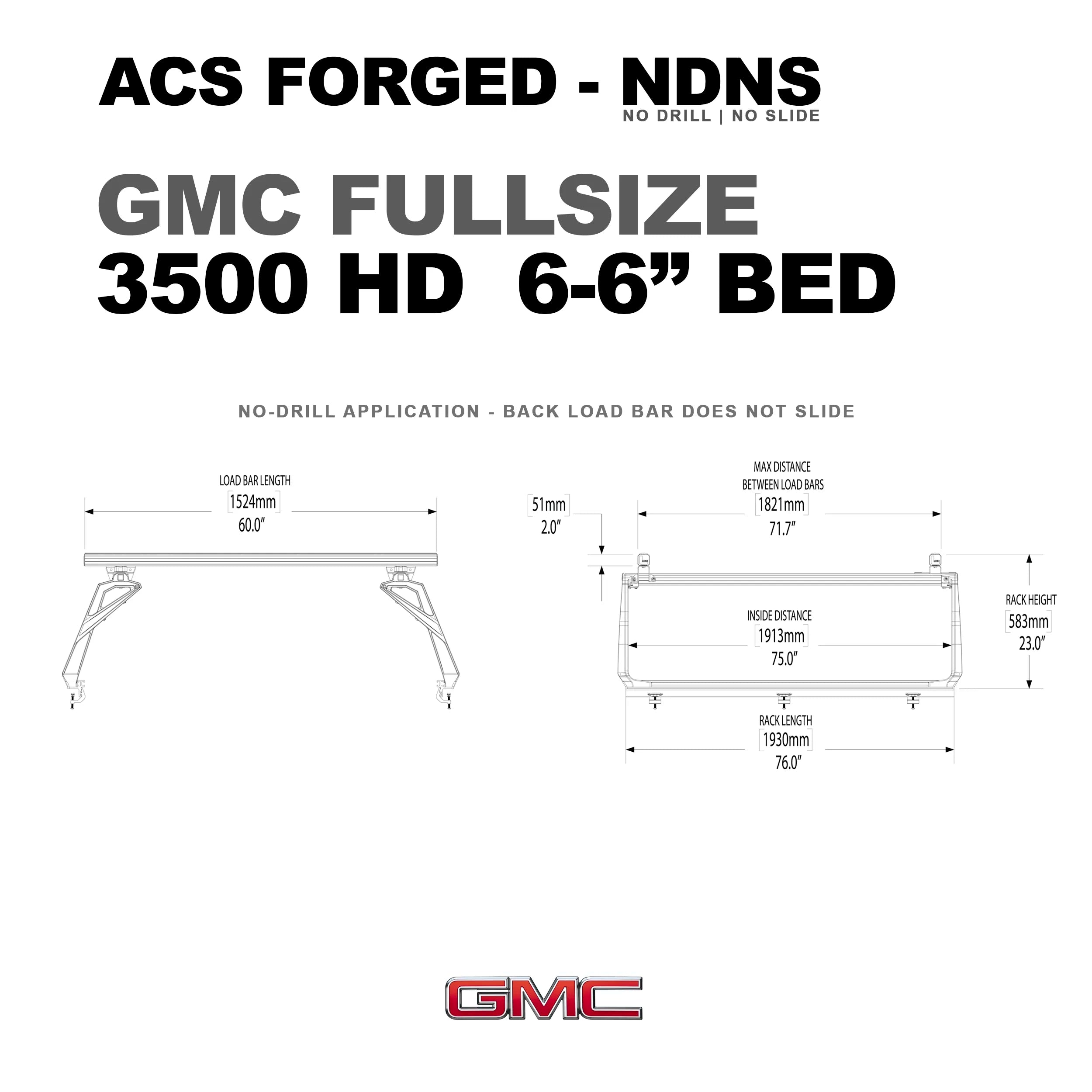 DIAGRAM OF ACS FORGED NO DRILL NO SLIDE BED RACK FOR GMC FULLSIZE 3500 HD 6-6' AND MEASUREMENTS