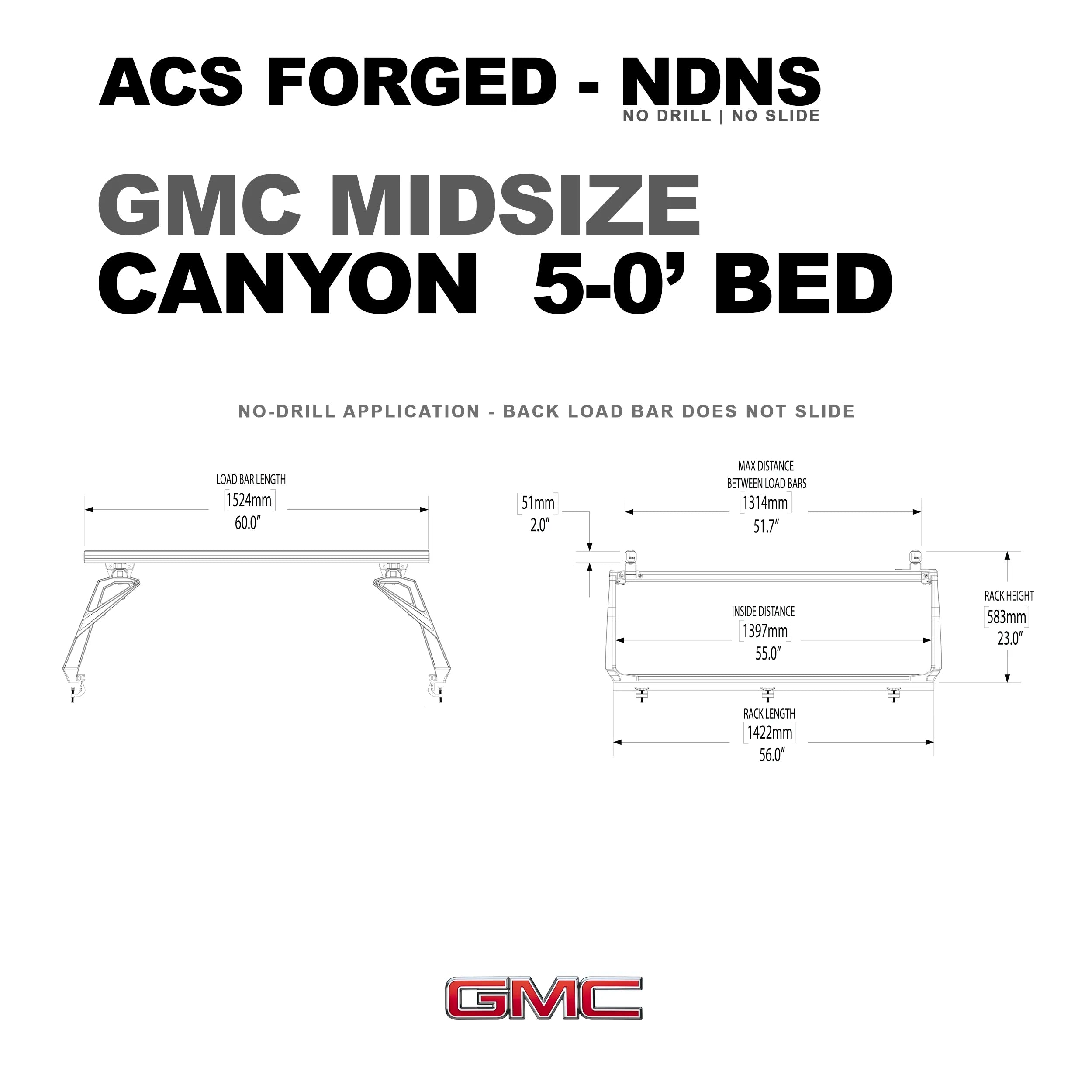 DIAGRAM OF ACS FORGED NO DRILL NO SLIDE BED RACK FOR GMC MIDSIZE  CANYON 5-0' AND MEASUREMENTS