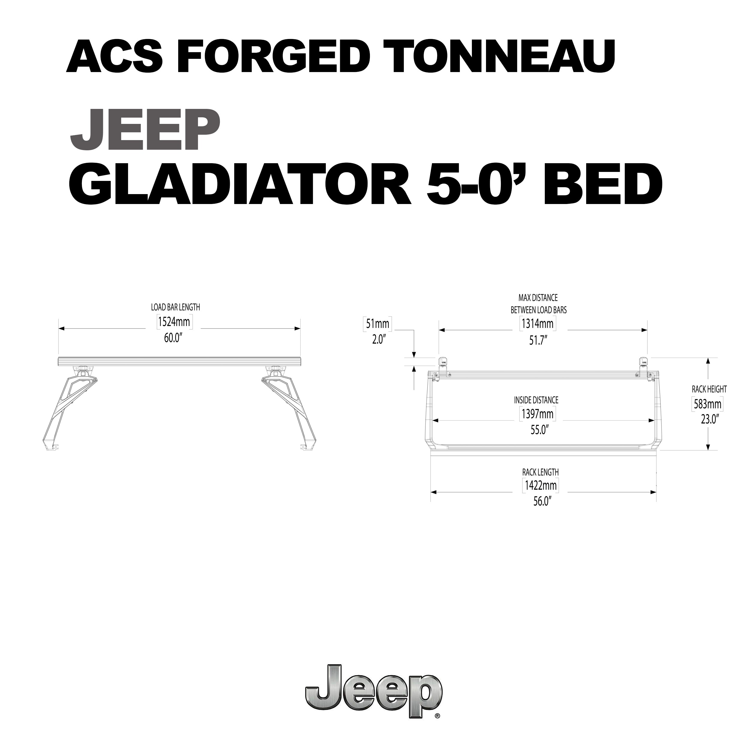 DIAGRAM OF ACS FORGED TONNEAU BED RACK FOR JEEP GLADIATOR 5-0' BED
