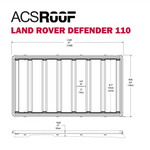 Technical dimension drawing of an ACS Roof Land Rover Defender 110 roof panel, showing top-down and side profile views with measurements on a white background.