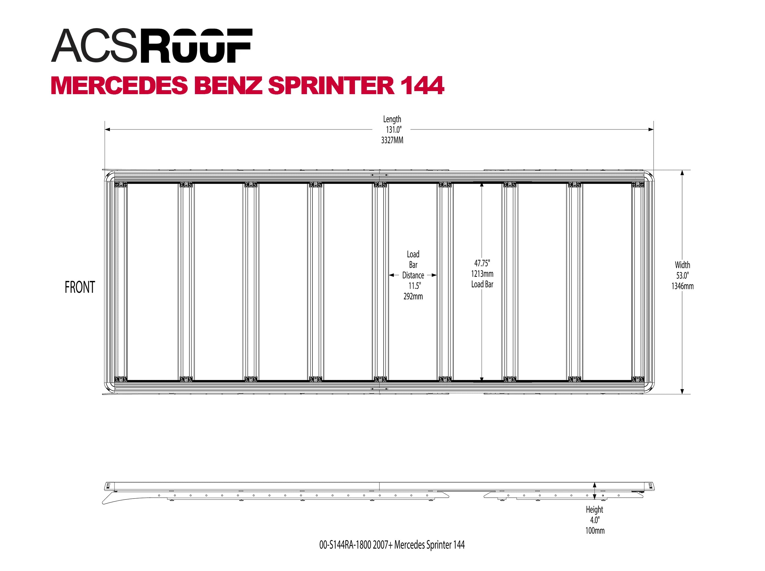 DIAGRAM OF ACS ROOF RACK FOR MERCEDES BENZ SPRINTER 144 AND MEASUREMENTS