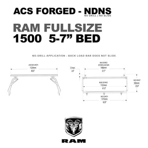 DIAGRAM OF ACS FORGED NO DRILL NO SLIDE BED RACK FOR RAM FULL SIZE 1500 5-7" BED AND MEASUREMENTS