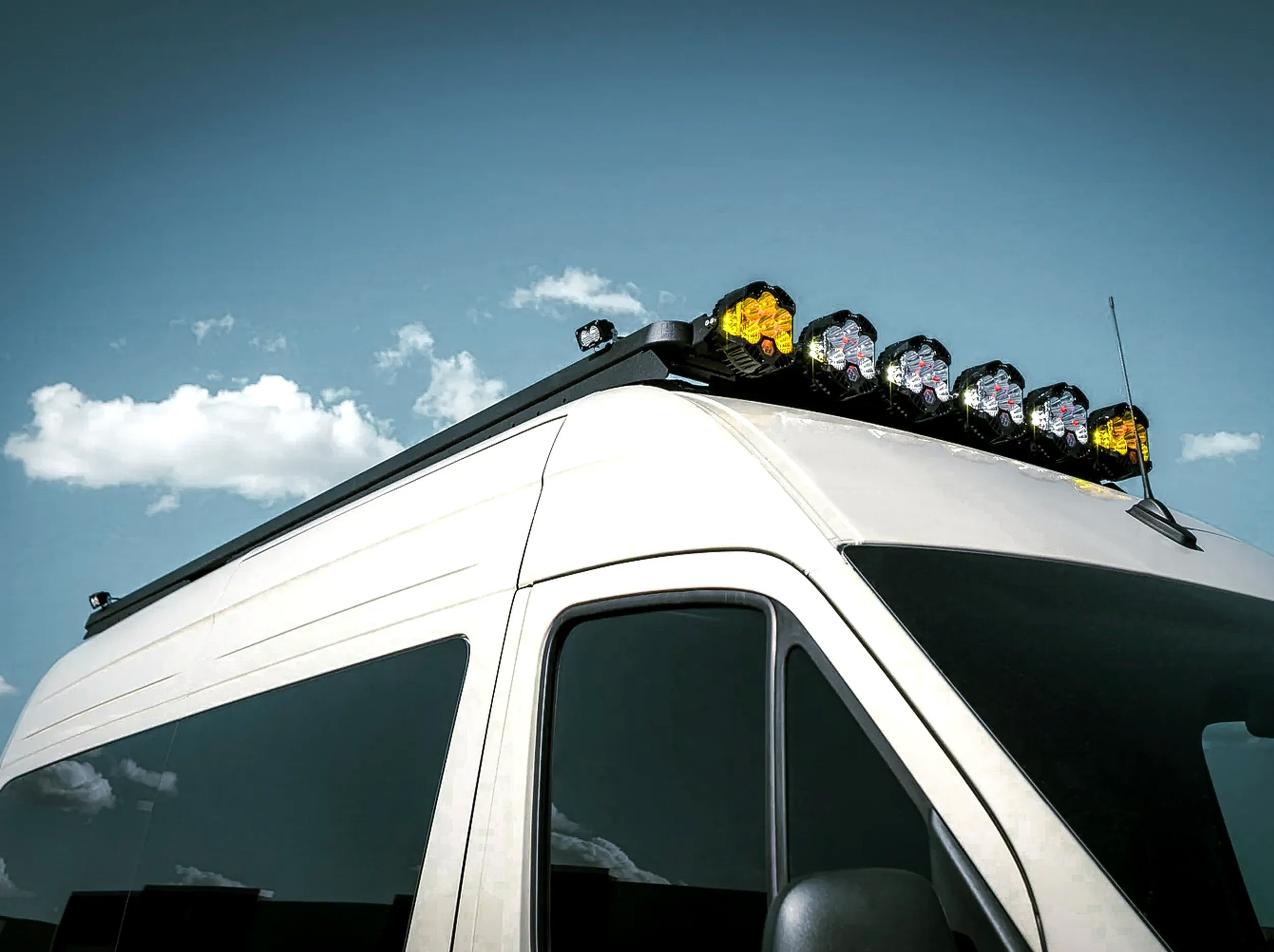 CLOSE UP OF ROOF RACK ON SPRINTER BUS