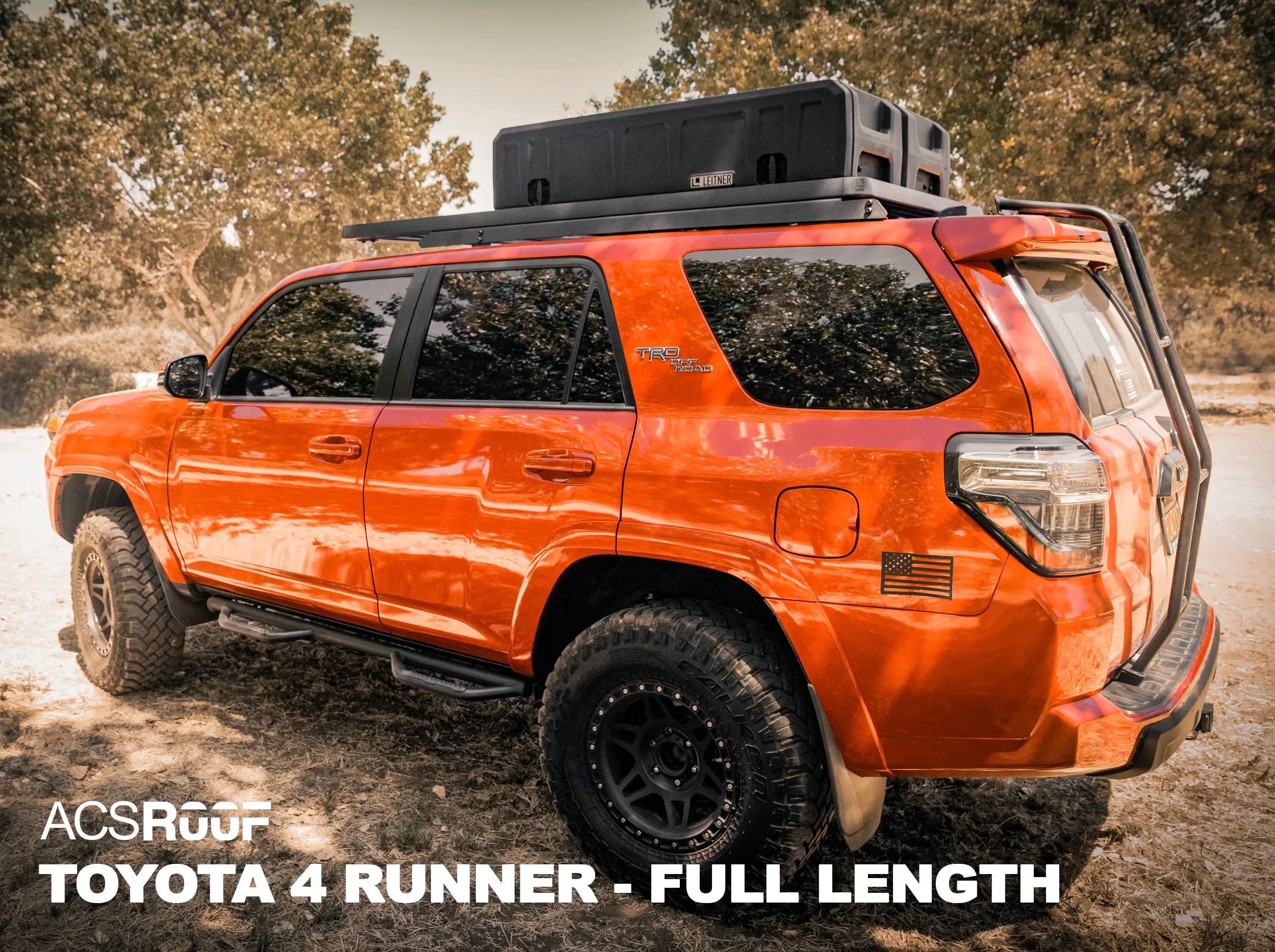 ORANGE TOYOTA 4RUNNER WITH FULL LENGTH ACS ROOF RACK INSTALLED WITH GEARPOD ROOFS MOUNTED