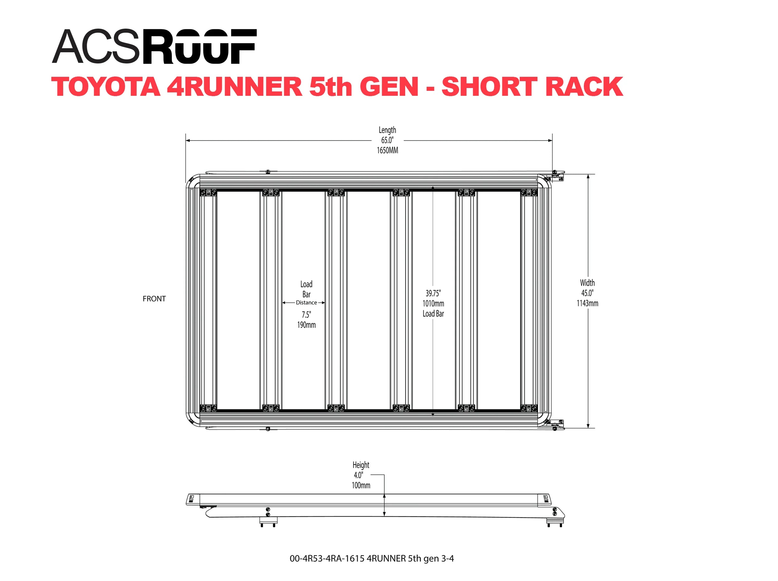 DIAGRAM OF ACS ROOF TOYOTA 4RUNNER 5TH GEN SHORT RACK AND MEASUREMENTS