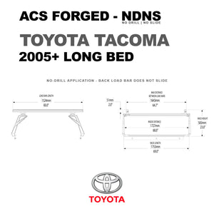 DIAGRAM OF ACS FORGED NO DRILL NO SLIDE BED RACK FOR TOYOTA TACOMA LONG BED AND MEASUREMENTS