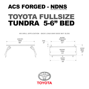 DIAGRAM OF ACS FORGED NO DRILL NO SLIDE BED RACK FOR TOYOTA FULL SIZE TUNDRA 5-6" BED AND MEASUREMENTS