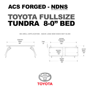 DIAGRAM OF ACS FORGED NO DRILL NO SLIDE FOR TOYOTA FULL SIZE TUNDRA 8-0" BED AND MEASUREMENTS