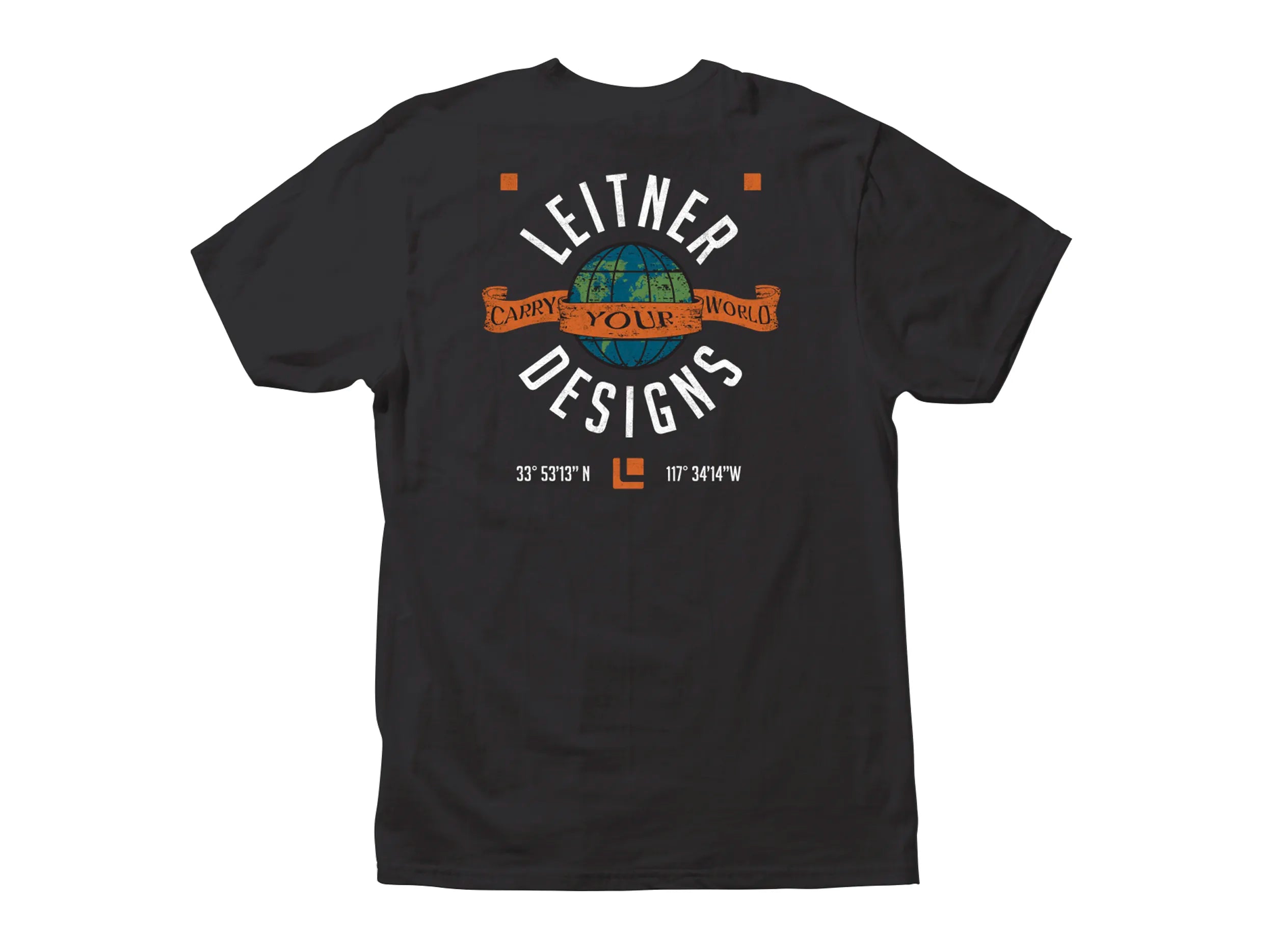 REAR VIEW BLACK TSHIRT WITH FULL COLOR LEITNER WORLD SCRIPT LOGO