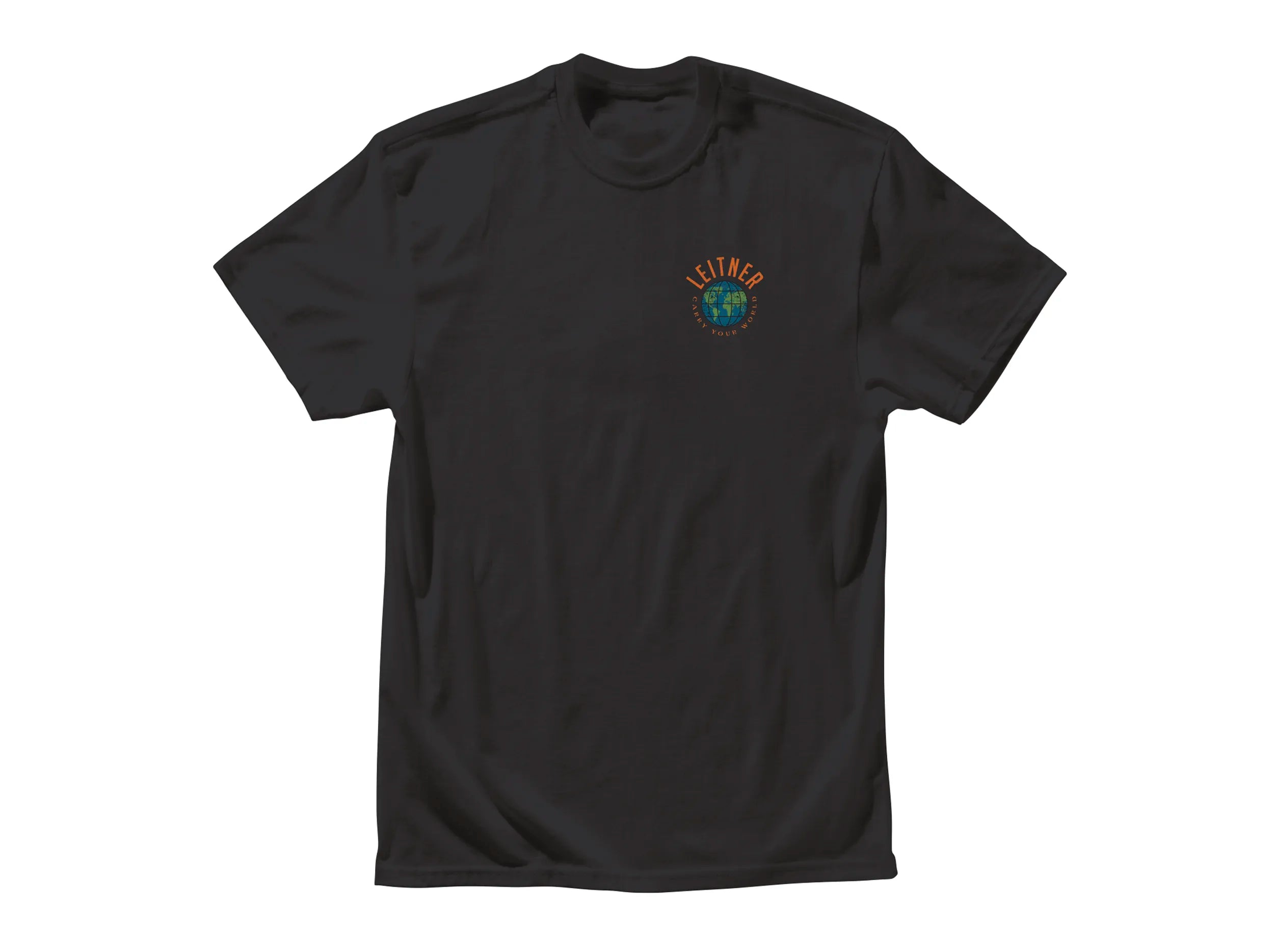 FRONT VIEW BLACK TSHIRT WITH FULL COLOR LEITNER WORLD SCRIPT LOGO 