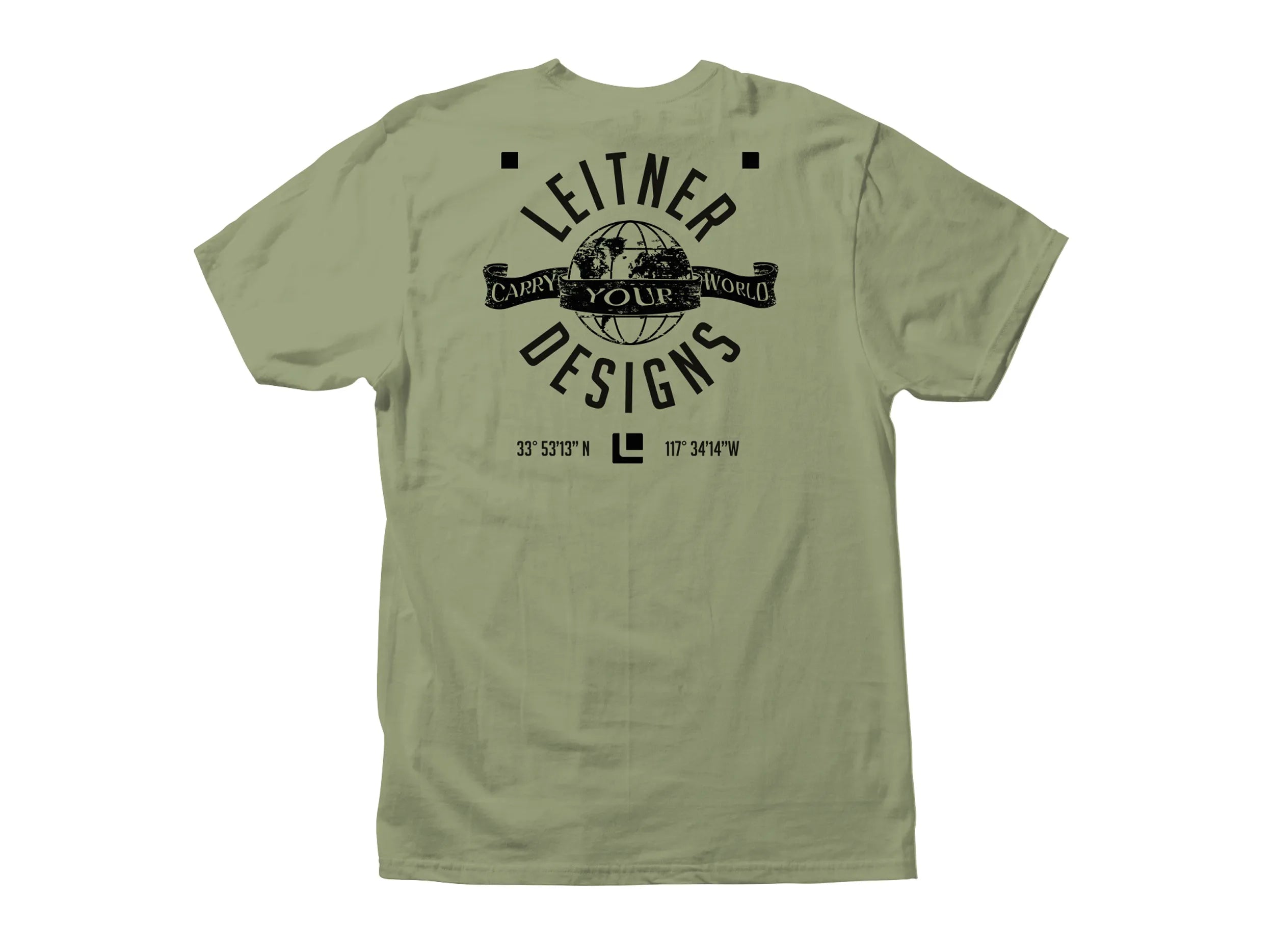 REAR VIEW MILITARY GREEN TSHIRT WITH BLACK LEITNER WORLD SCRIPT LOGO