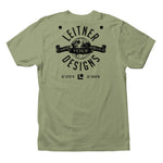 REAR VIEW MILITARY GREEN TSHIRT WITH BLACK LEITNER WORLD SCRIPT LOGO