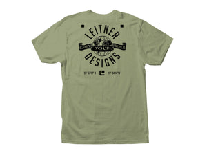 REAR VIEW MILITARY GREEN TSHIRT WITH BLACK LEITNER WORLD SCRIPT LOGO