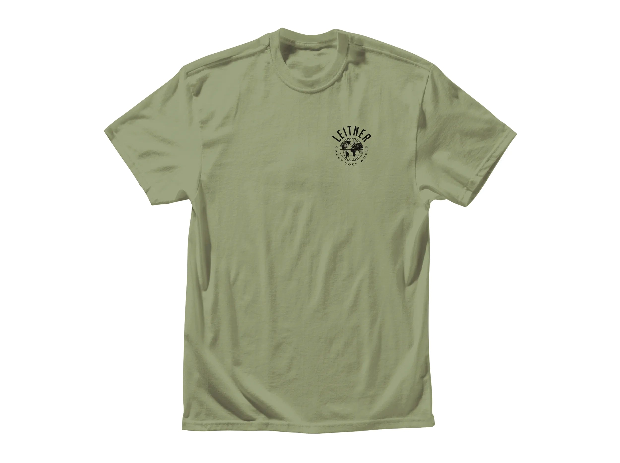 FRONT VIEW MILITARY GREEN TSHIRT WITH BLACK LEITNER WORLD SCRIPT LOGO