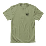 FRONT VIEW MILITARY GREEN TSHIRT WITH BLACK LEITNER WORLD SCRIPT LOGO