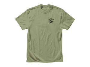 FRONT VIEW MILITARY GREEN TSHIRT WITH BLACK LEITNER WORLD SCRIPT LOGO