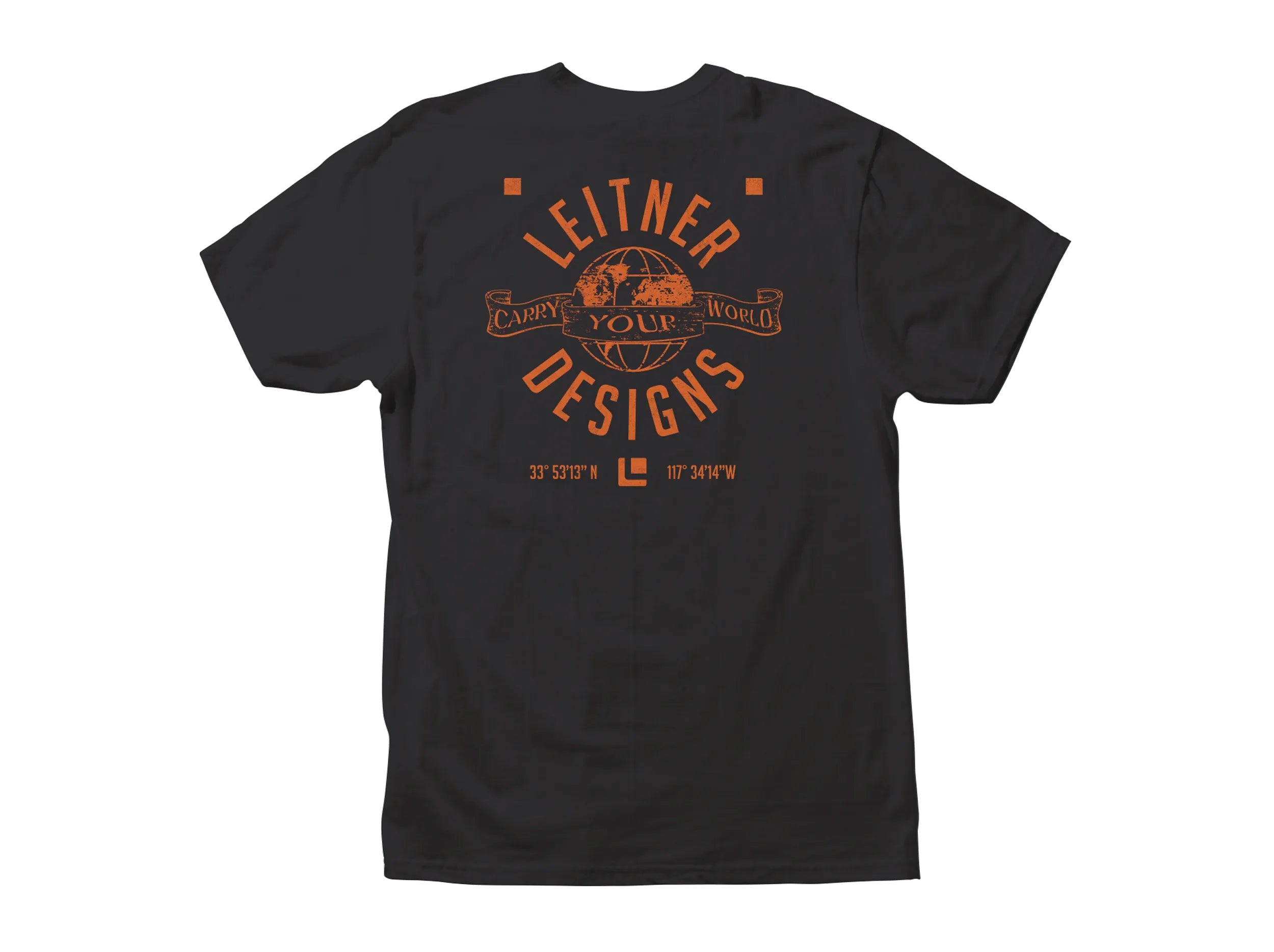 REAR VIEW BLACK TSHIRT WITH ORANGE LEITNER WORLD SCRIPT LOGO