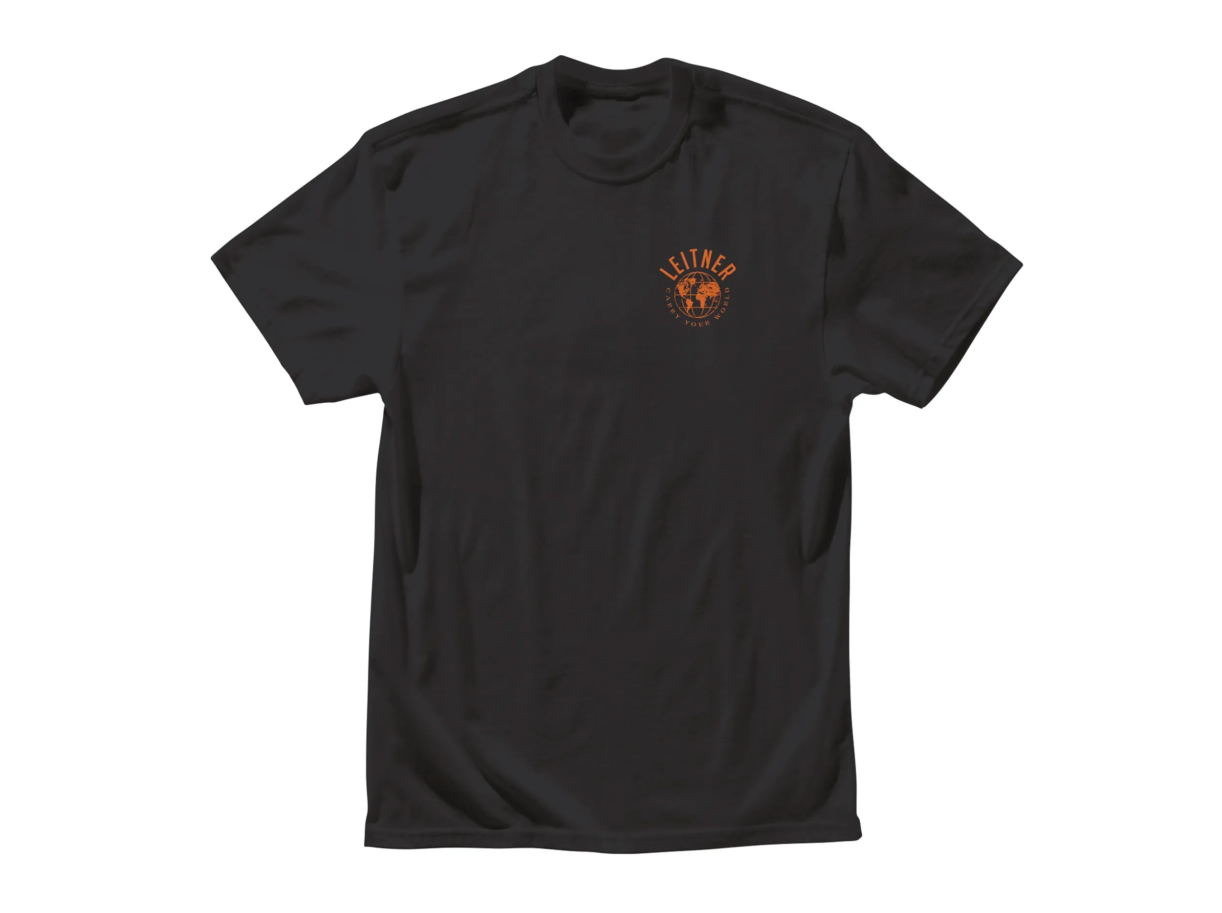 FRONT VIEW BLACK TSHIRT WITH ORANGE LEITNER WORLD SCRIPT LOGO