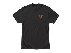 FRONT VIEW BLACK TSHIRT WITH ORANGE LEITNER WORLD SCRIPT LOGO