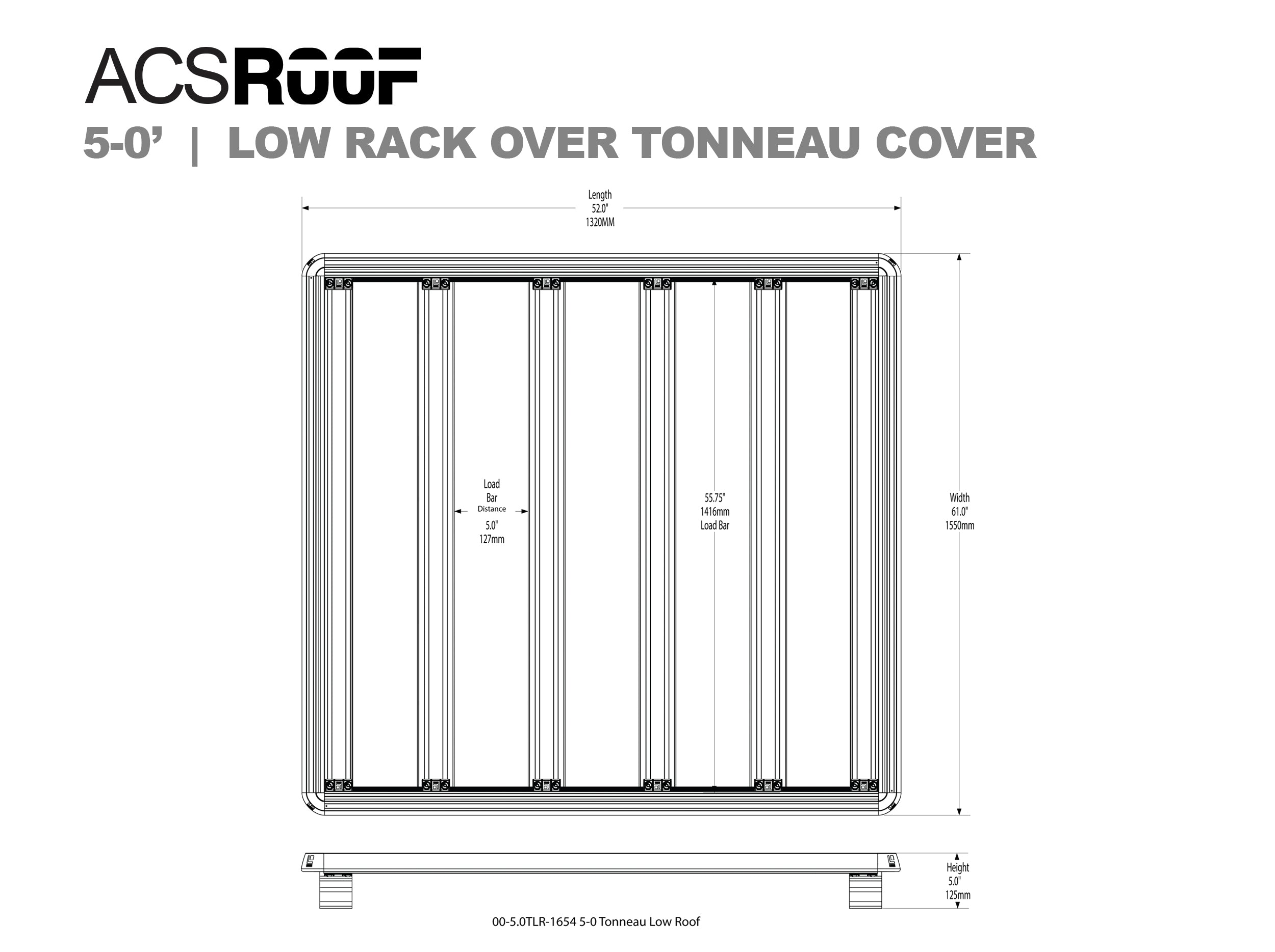 DIAGRAM OF ACS ROOF LOW RACK OVER TONNEAU COVER AND MEASUREMENTS 5'0